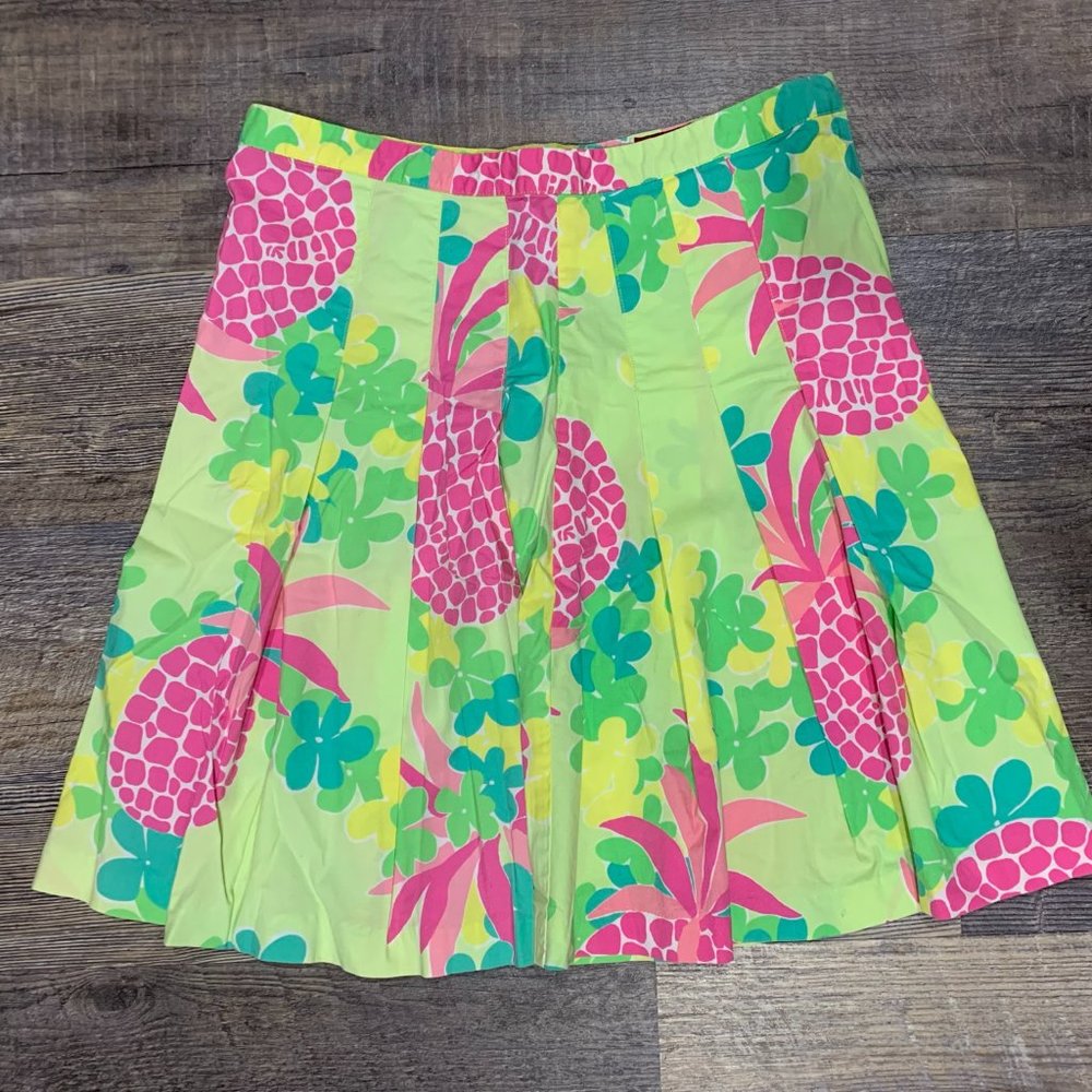 Guess Jeans Pleated Pineapple & floral tropical skirt Sz 4 Pink Green Yellow